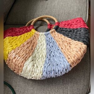 Braided Raffia Retro Hippie style Half Moon fabric lined Beach Resort Handbag